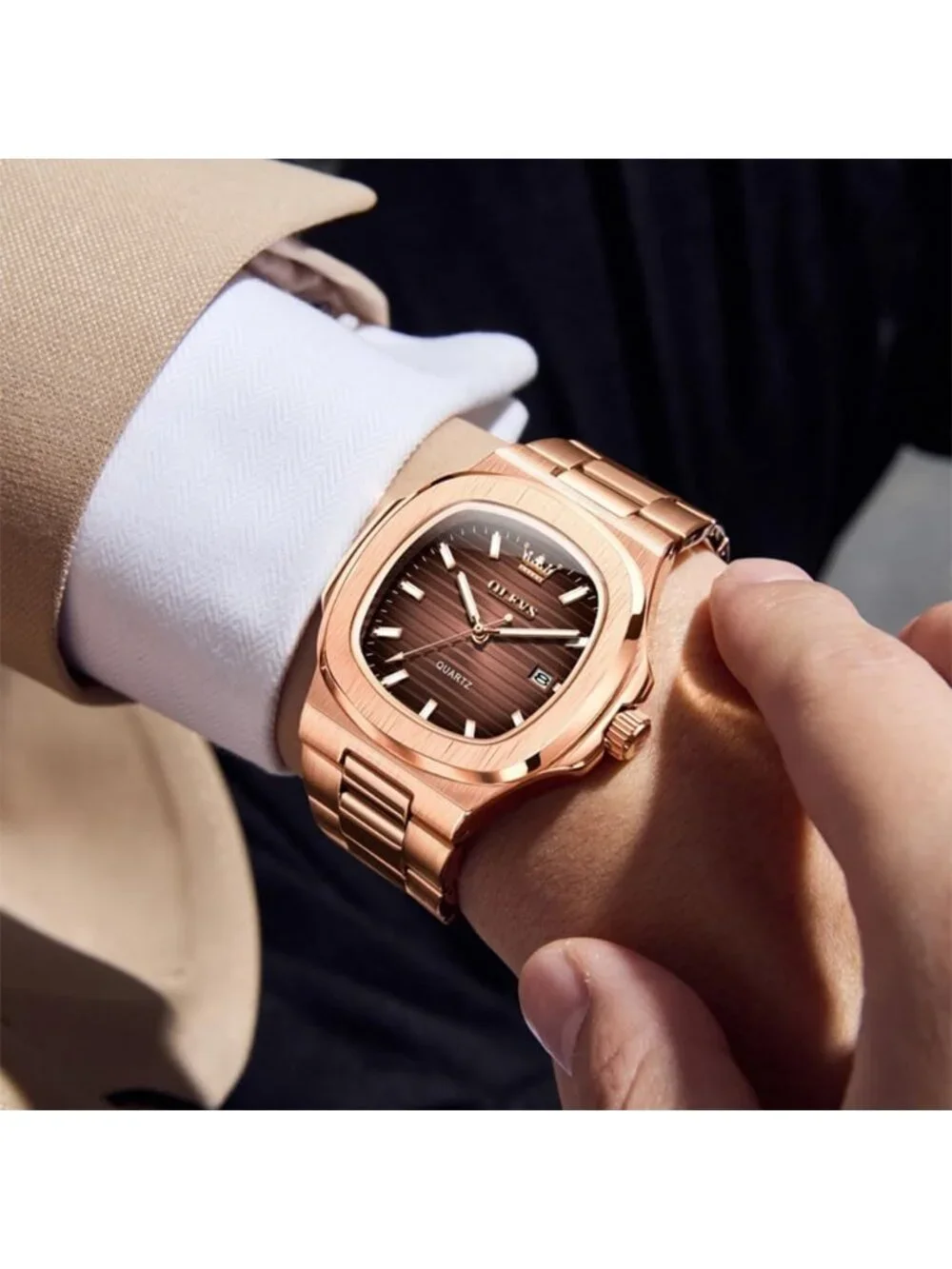 Men's Rose Brown Luxury Stainless Steel Octagon Analog Quartz Waterproof Watch